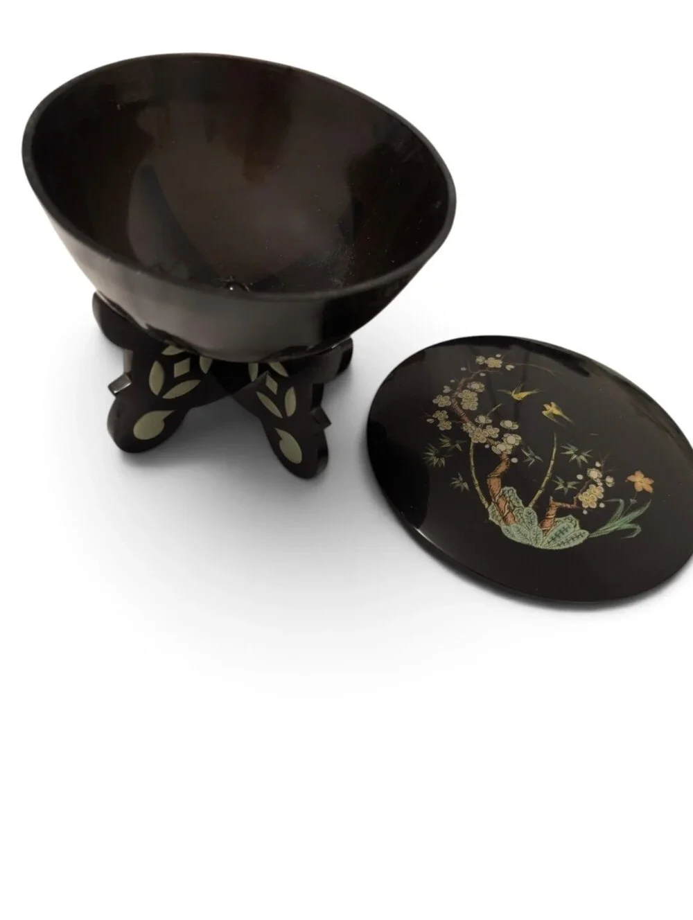 VINTAGE Japanese Decorative Powder Box Footed Bowl Floral Lid